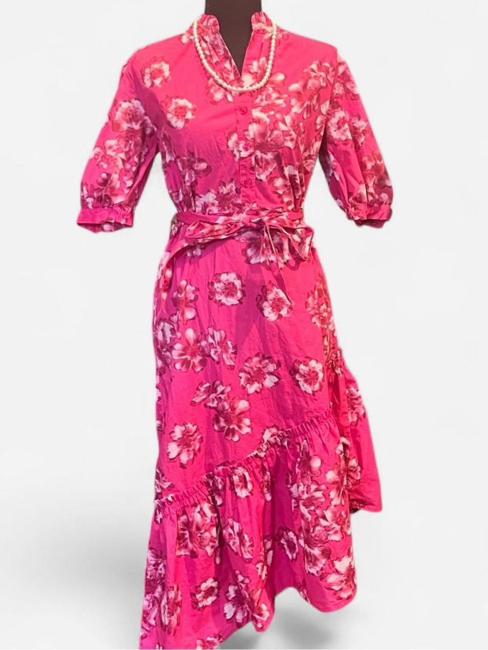 Feminine Floral Asymmetrical Maxi Dress in Bright Pink 97% Cotton
